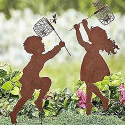 Outdoor Statues Boy Girl Metal Silhouettes Stake