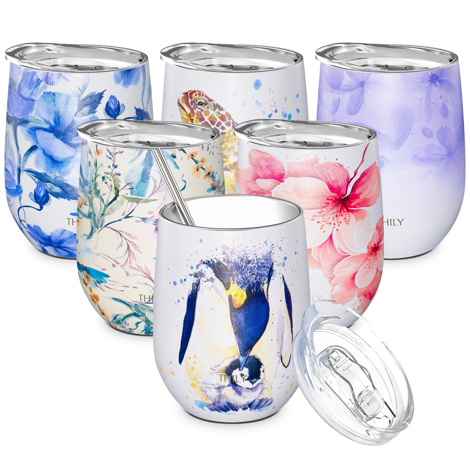 THILY Wine Tumbler Stainless Steel Insulated Stemless Wine Glass with Lid and Straw, Cute Cup Keep Cold for Coffee, Cocktails, Special Collection, Penguin — image 1