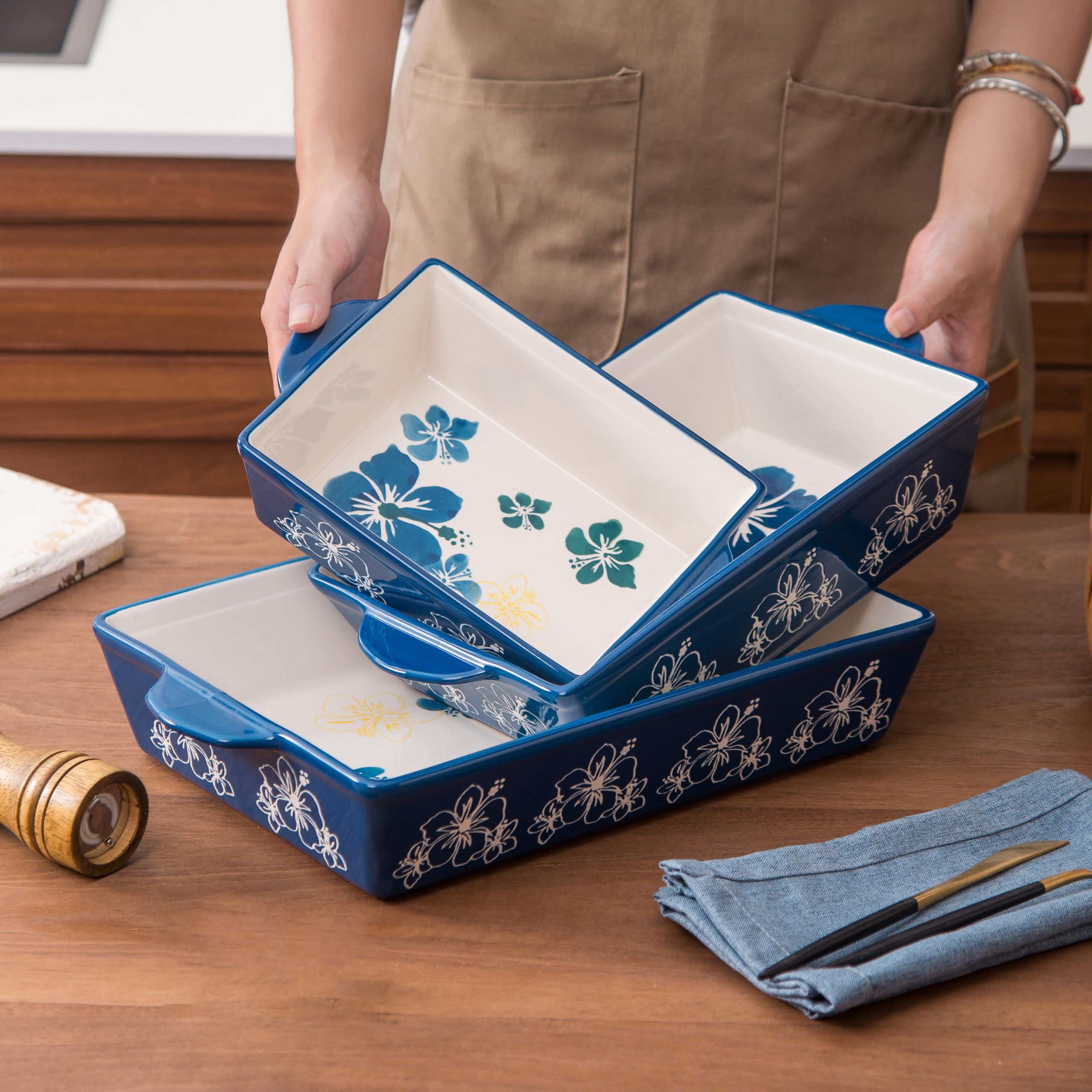 SAGOSKAT Baking Dishes Ceramic Casserole Dish 13x9inch Baking Dish Bakeware Set Nonstick 3pcs Lassagne Pan Stackable for Kitchen