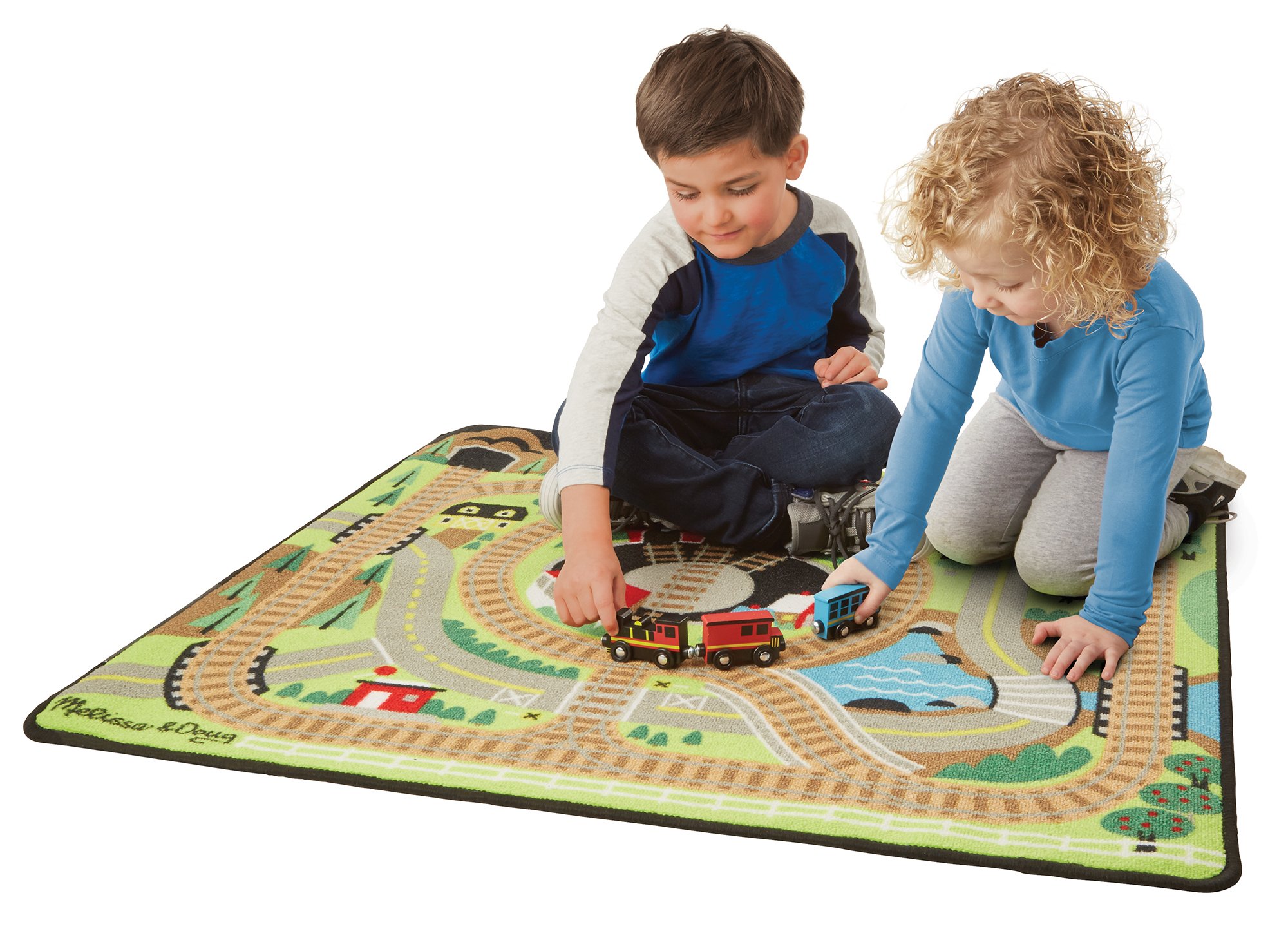 Melissa Doug Round the Rails Train Rug With 3 Linking Wooden Train Cars