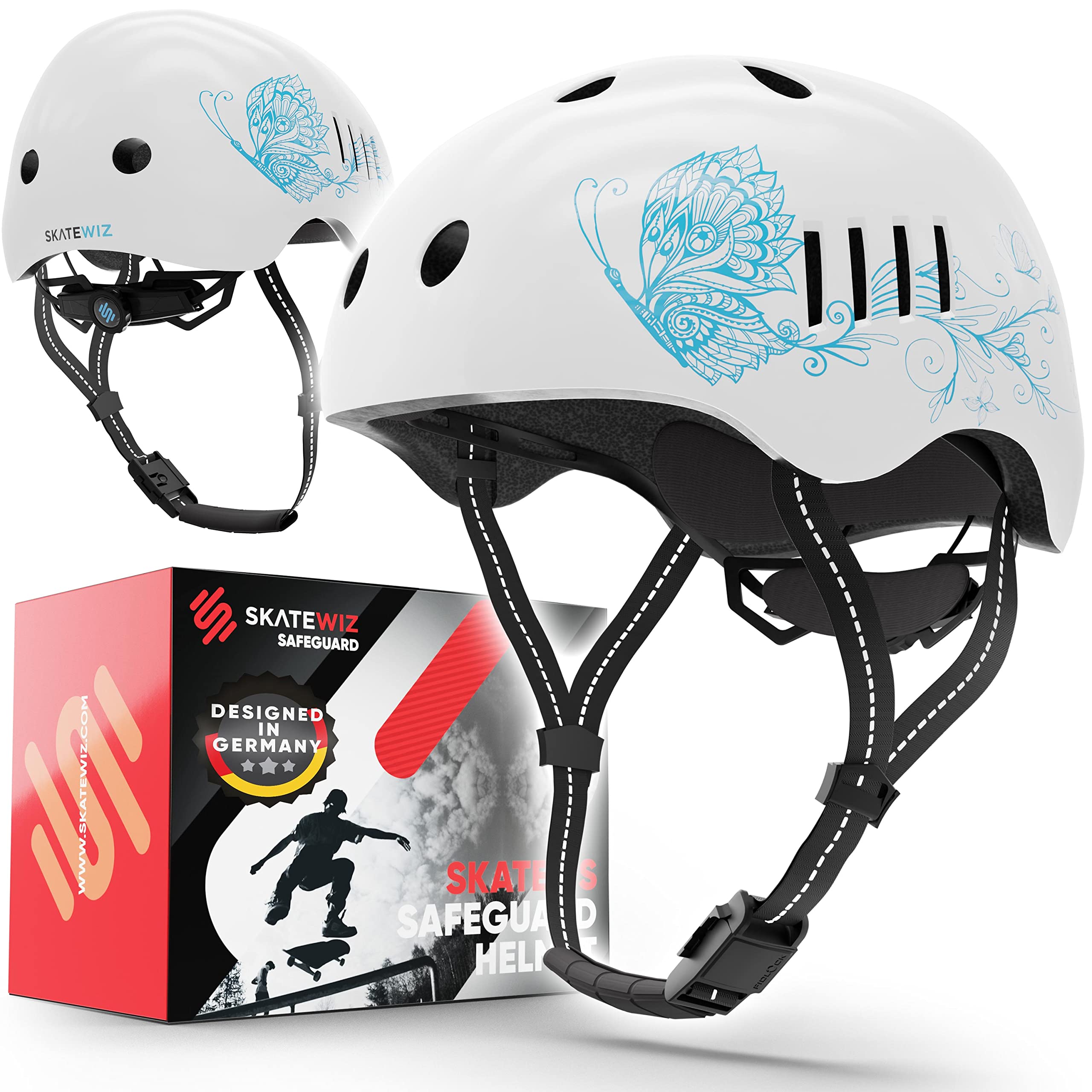SKATEWIZ Kids Helmet - Bmx Helmet Scooter Helmet Skateboard Helmet - Kids Bike Helmet Kids 8-12 Kids Cycle Helmet - Size S in White-Blue - Kids Helmets Kids Skate Helmet
