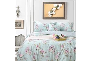 FADFAY Cotton Duvet Cover Set Full Size Blue Floral Bedding Set Super Soft Purple Hydrangea Flower Print Reverse to Striped Zipper Bed Cover French Countryside Girls Bedding 3 Pcs, Full