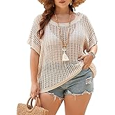 Alsol Lamesa Women's Plus Size Crochet Tops Short Sleeve Hollow Out Loose Scoop Neck Beach Crochet Cover Up 1X-5X