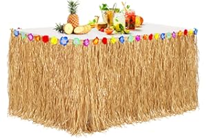 Aodaer Thickened Grass Table Skirt Natural with Hibiscus Flowers 400g Hawaiian Luau Tropical Party Decor Fringe Party Decoration for Costume Tiki Tropical Hawaii Moana Birthday, Straw Yellow