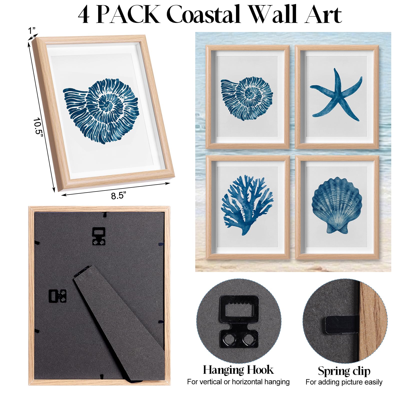 Condition photo showing New/Like New for memorywuu 4 pack framed coastal wall art set, seashell starfish coral conch prints with wooden frame