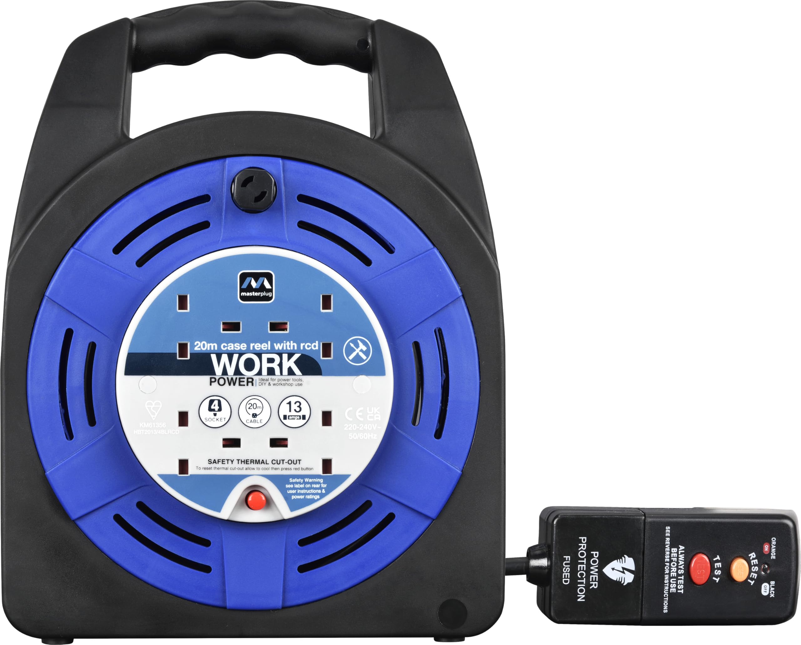 Masterplug Four Socket, 20 Metre Case Reel with RCD Protection, Large Extension Lead Retractable Cable Reel, Wind-Up Cord Reel, Thermal Cut Out, Work Power, Blue/Black, 13A, 4G, 20m, HBT2013/4BLRCD