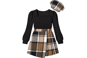 NECIOUS Girls Skirt Set Square Neck Puff Sleeve Shirt Tops Plaid Mini Skirt Shorts with Beret 3 Piece Fall Winter Outfit