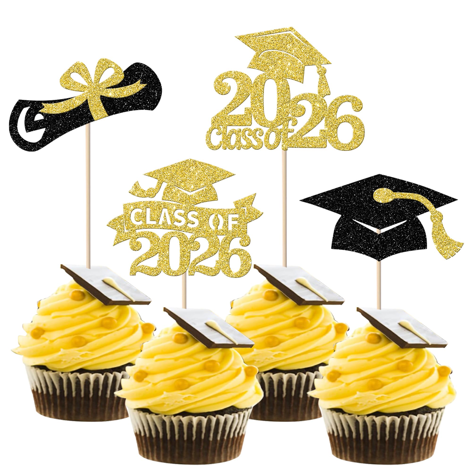 SYKYCTCY 24 Pack 2026 Graduation Cupcake Toppers with Glitter Class of 2026 Diploma Grad Cap Cupcake Picks Decorations for Graduation Theme School Boys Girls Graduate Party Supplies