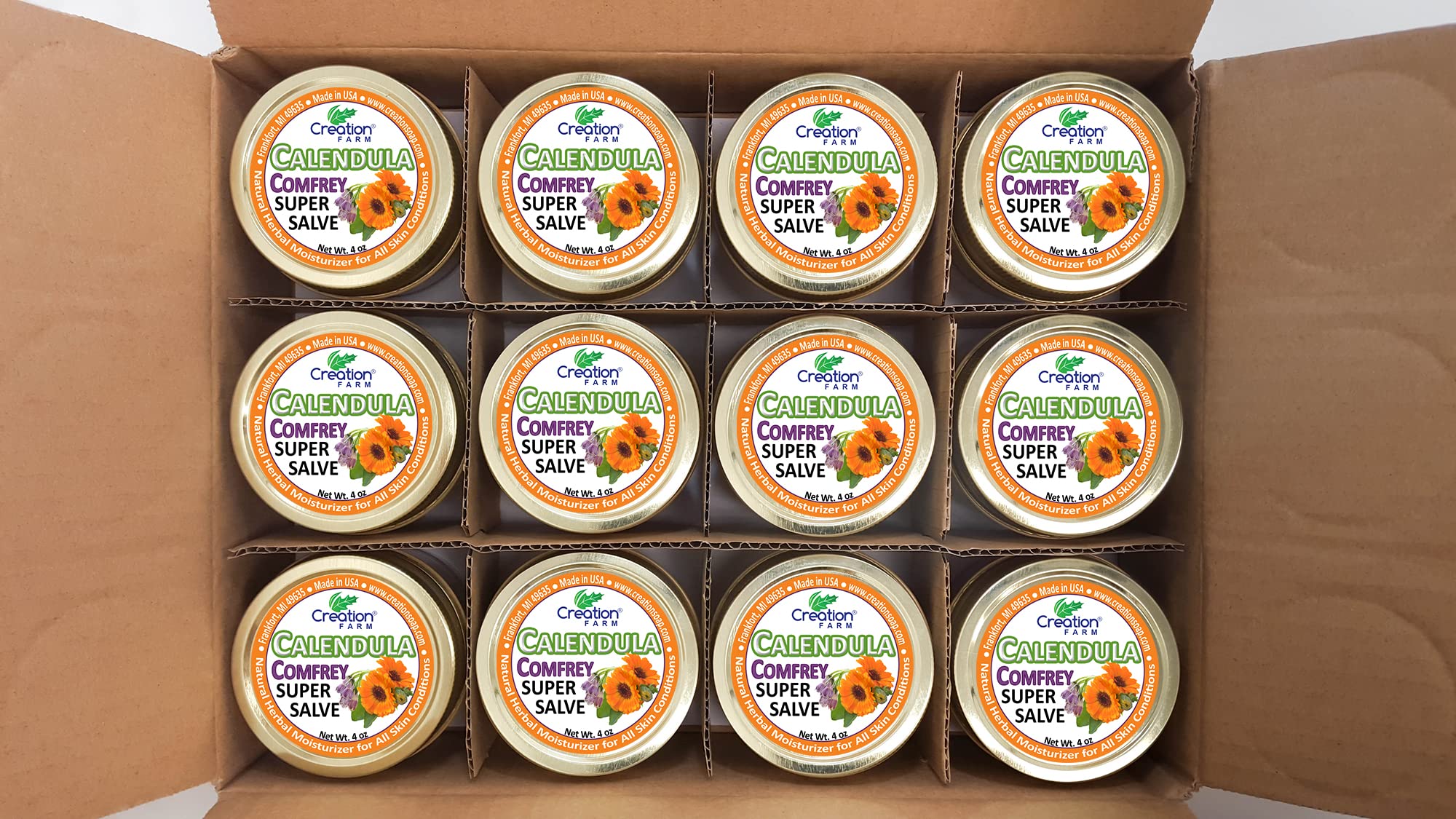 Creation Farm Calendula Comfrey Super Salve 8OZ- (2-4 oz Jars) Balm Soothes Baby Bottoms, Hand Cream for Dry Cracked skin, Tattoos and Beards Grown and Made in USA from Real Herbs