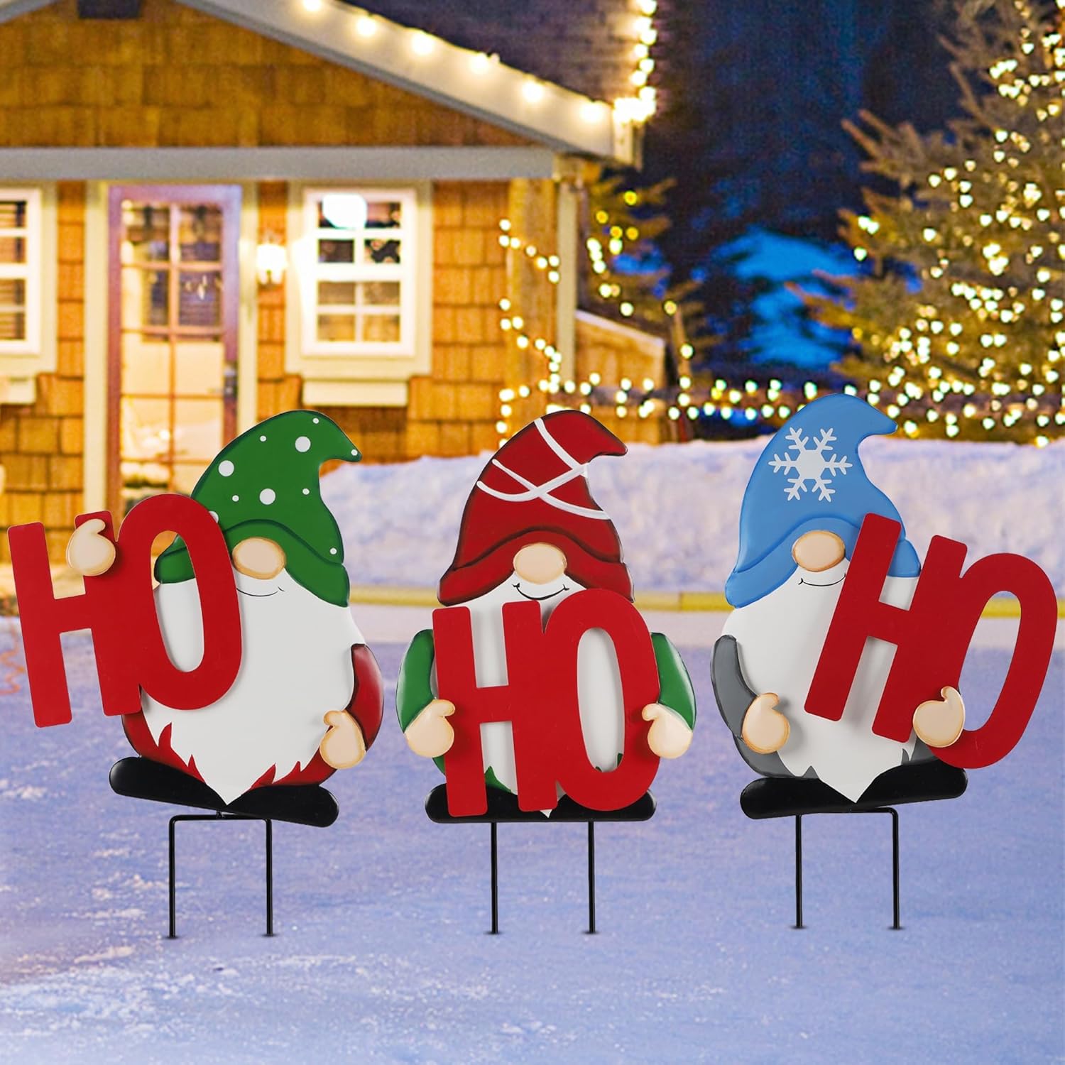 Decorative Garden Stakes - DR.DUDU Set of 3 Christmas Outdoor Metal Stake Gnomes, HOHOHO Gnome Yard Welcome Sign for Outdoor Decorations, Outside Holiday Xmas Garden Lawn Pathway Patio