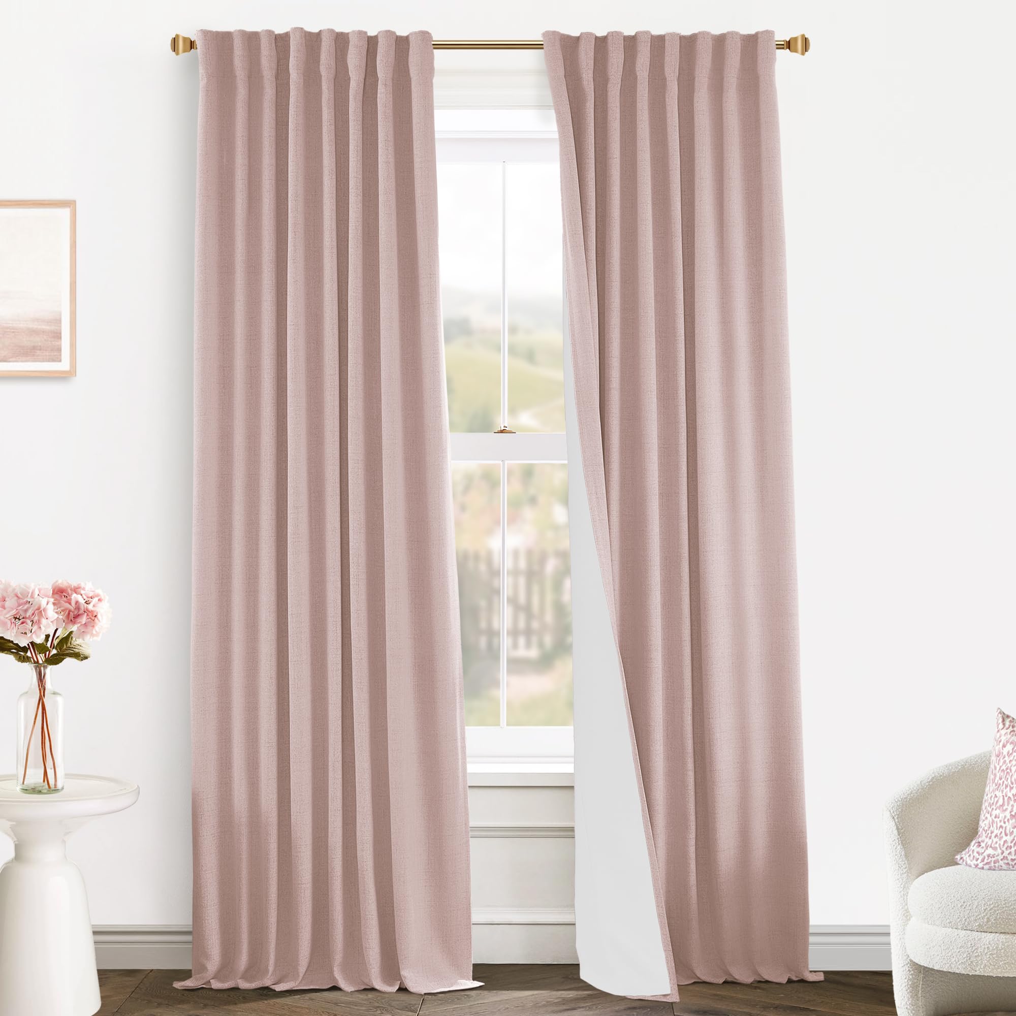 Photo 1 of PANELSBURG Pink Blackout Curtains for Nursery,Light Blocking Linen Kids Curtains for Girls Bedroom Room Decor,Back Tab Hooks Pleated,84 Inches Long,Dusty Blush Pink