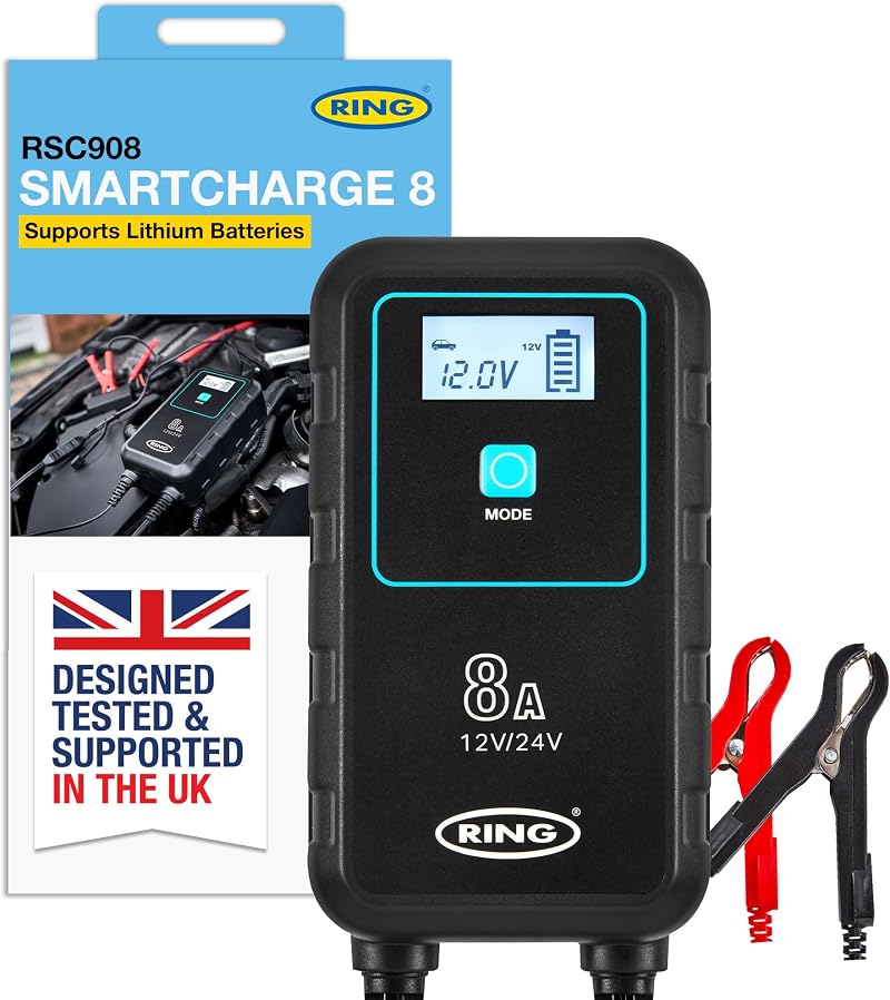 Ring SmartCharge 8A Car Charger Maintainer with Clips & Hook