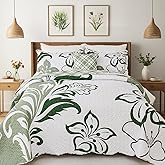 EVENHUG 4 Piece Floral Quilt Set Queen Size Green Floral Bedding Set Reversible Bedspread Coverlet Lightweight Soft Bed Cover with 3 Pillow Shams for All Season (Queen, 92"X96")