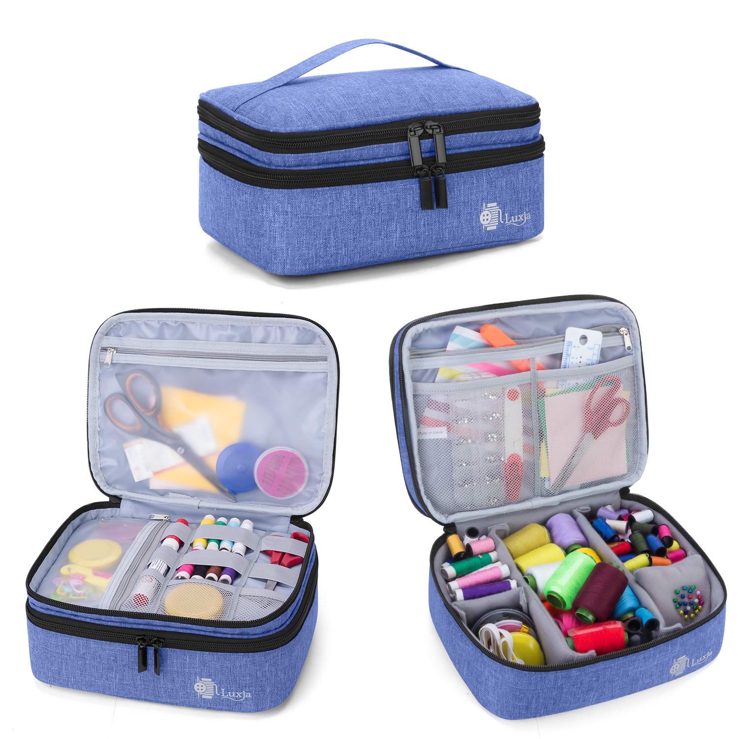 Luxja Double-Layer Sewing Supplies Organiser, Sewing Accessories Organiser for Needles, Thread, Scissors, Measuring Tape and Other Sewing Tools (Bag Only), Blue