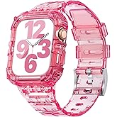 ANCOOL Compatible with Apple Watch Clear Band 45mm 44mm 42mm for Women Men, Crystal Bands with Bumper Case for iWatch Series 9 8 7 SE 6 5 4 3 2 1, Clear Red