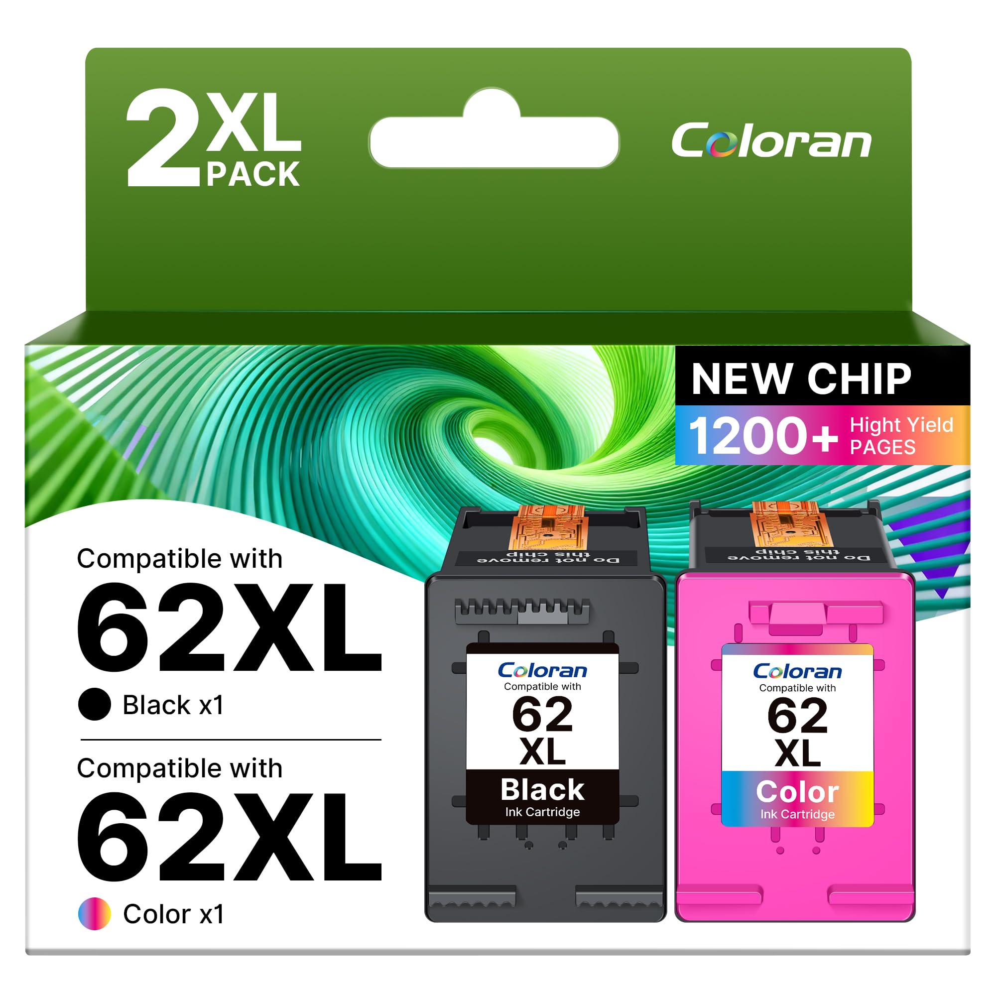 Coloran 62XL Ink Cartridges, for HP 62 XL Black and Tri-color, Compatible for Envy 5540 5541 5542 5543 5544 5545 5546 5547 5548 5640 5642 5644 7640 OfficeJet 200 250 5740 5742 5744(2-Pack)