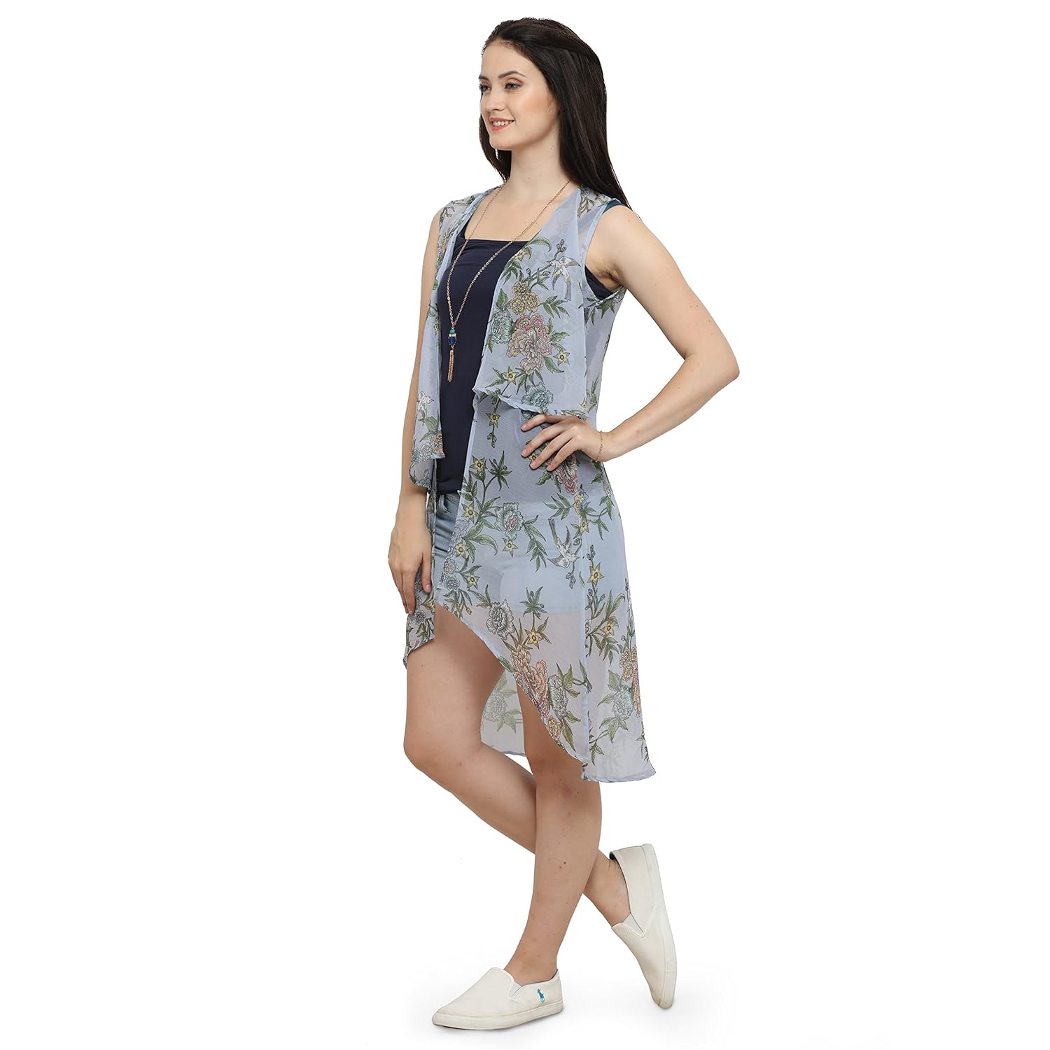 serein women's sky blue floral chiffon long shrug/long jacket (e-12)