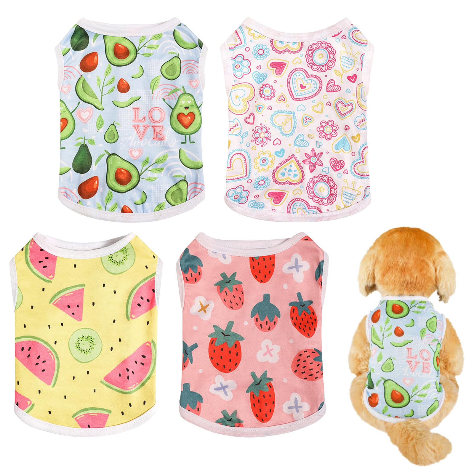 4Pcs Dog Summer Shirt Cute Soft Puppy Vest Fruit Print Pet Sleeveless T-Shirt Colorful Cat Clothes Breathable Pet Outfit for Small to Medium (X-Large)