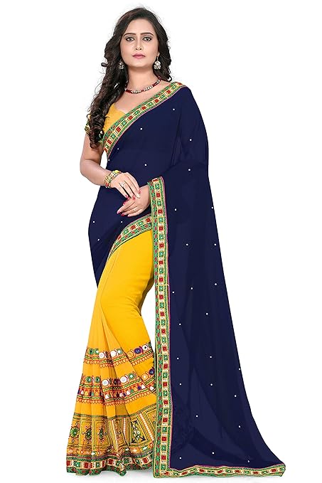 Georgette with Blouse Piece Saree (Riva2_38_$p2_Blue-Yellow_Free Size)