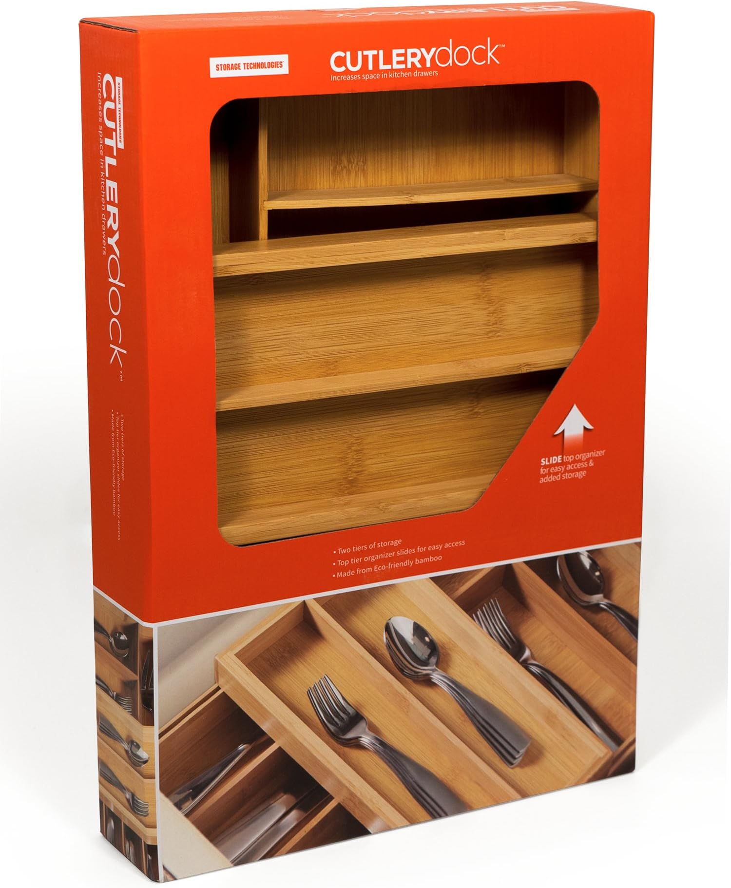 Bamboo CUTLERYdock (16.5" x 11.5" x 2.75") has more room for your flatware, silverware, and utensils. Perfect for all Kitchen's. The top tier slides easily for access to all items in the bottom tray.