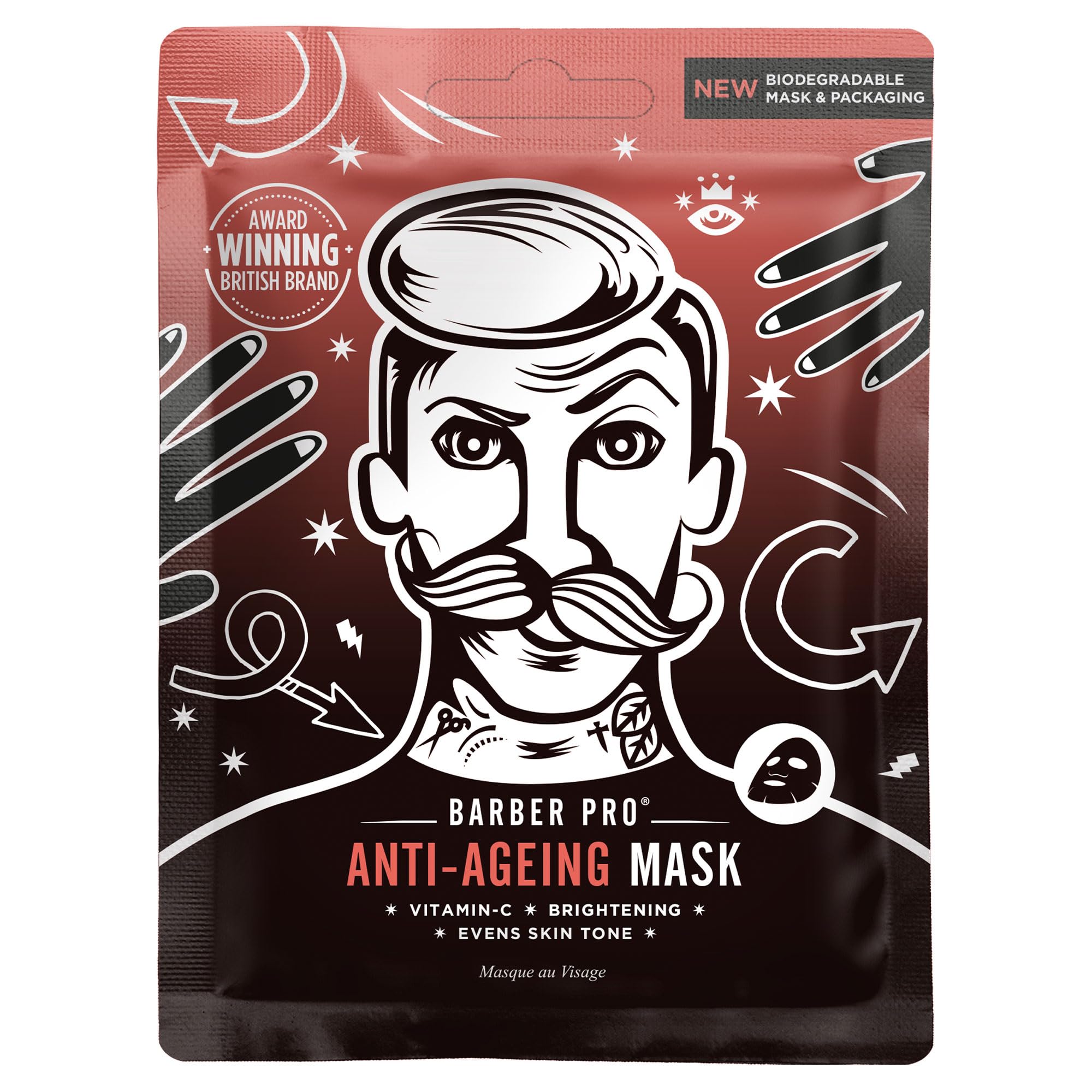 BARBER PRO ANTI-AGEING Mens Face Mask Vitamin C Moisturising For Dark Circles Redness & Wrinkles Natural Bamboo Sheet Hydration Vegan Skincare Multi Award Winning Brand