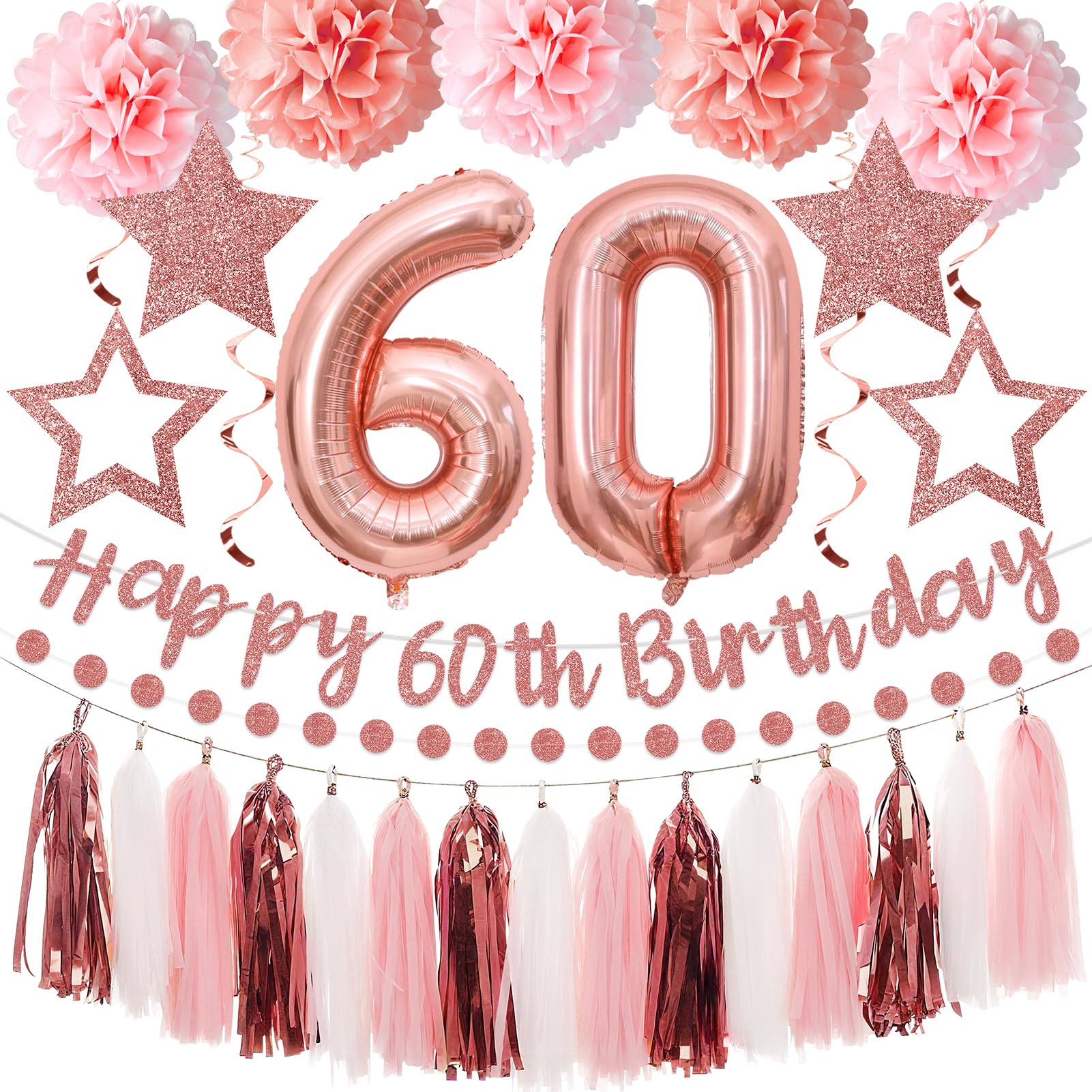 Kuxriox 13Pcs 60th Birthday Decorations for Girls, Pink Rose Gold Happy 60th Birthday Banner and Balloons, Glittery 60 Year Old Bday Tissue Pompoms, Circle Dots Garland, Tassel Garland Party Supplies