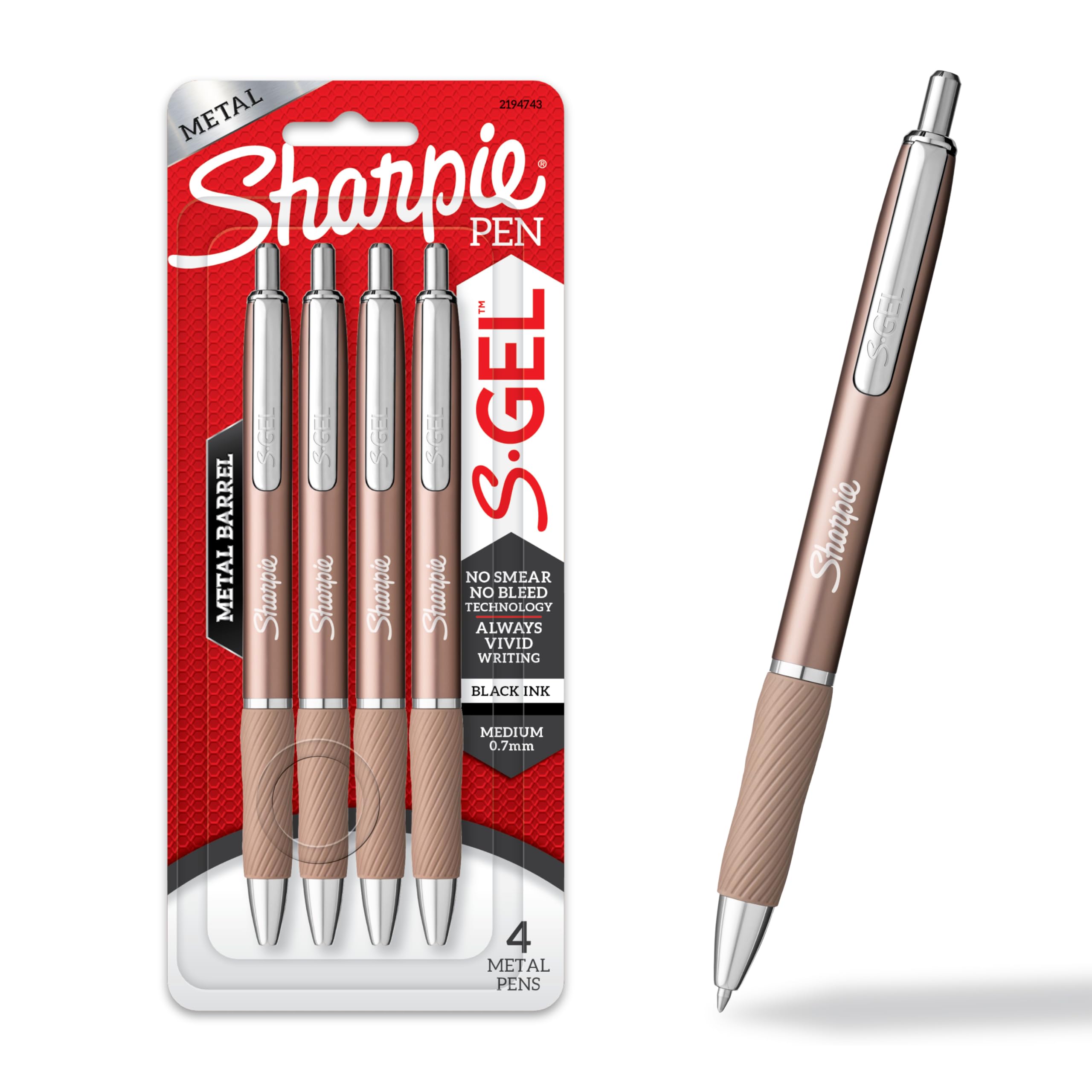 Photo 1 of Sharpie S-Gel Gel Pens Sleek Metal Barrel Champagne Medium Point (0.7mm) Black Ink 4 Count
