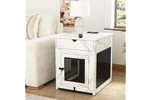 Piskyet Dog Crate Furniture,Wooden Dog Crate End Table with Storage Drawer&Cushion&Tray, QC3.0 Wireless Charging,Dual USB,Small Dogs Marble White