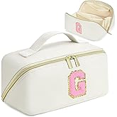 for Valentines Day Gifts, Makeup Bag for Women, PU Leather Travel Toiletry Bags, Initial Make Up Cosmetic Pouch for Teen Girls, Wide Open Portable Skincare Bag, Personalized Birthday Gifts, White G