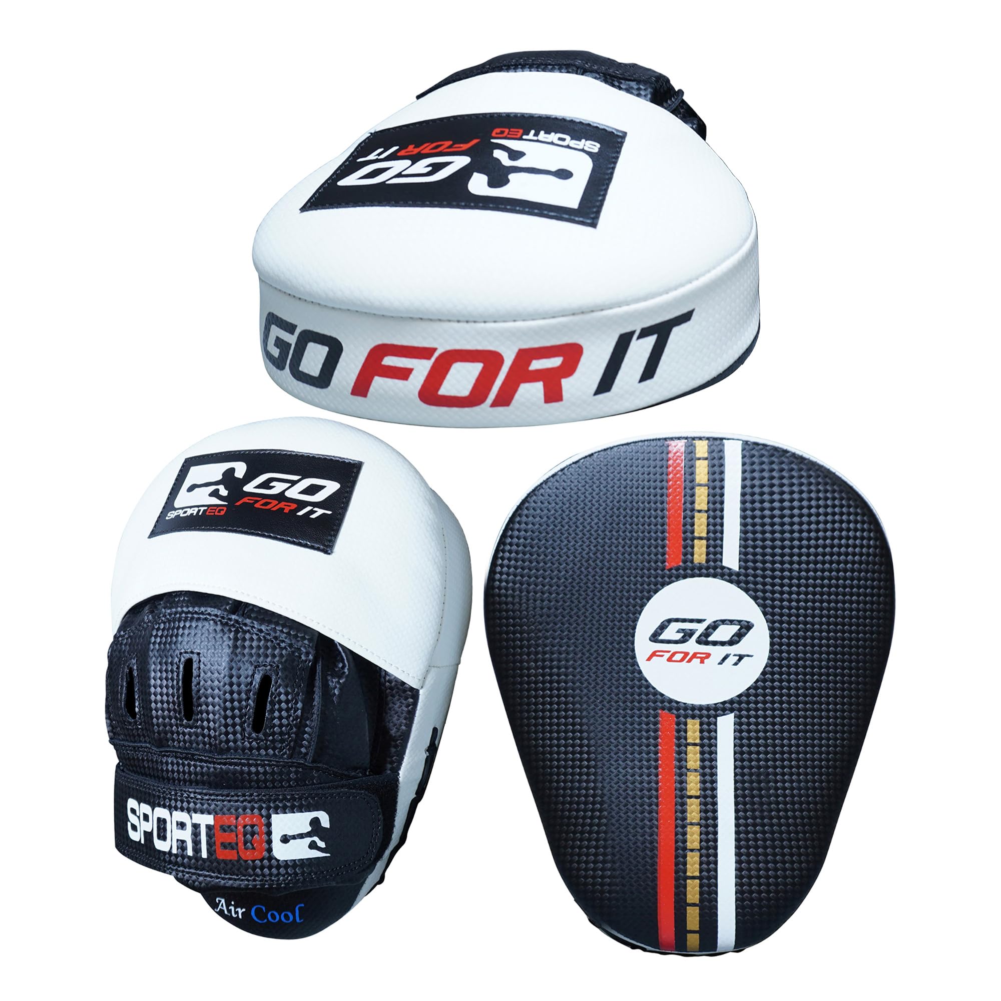 Sporteq Go Series Focus Mitts - Hook & Jab Pads, Boxing Pads with adjustable wrist strap - Curved MMA, & kickboxing Training Mitts for coaching & strike drills (Black/White)