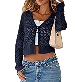 SimpleFun Womens Crochet Cardigan Casucal Tie Front Shrugs Sweaters Long Sleeve Knit Cropped Cardigans Tops