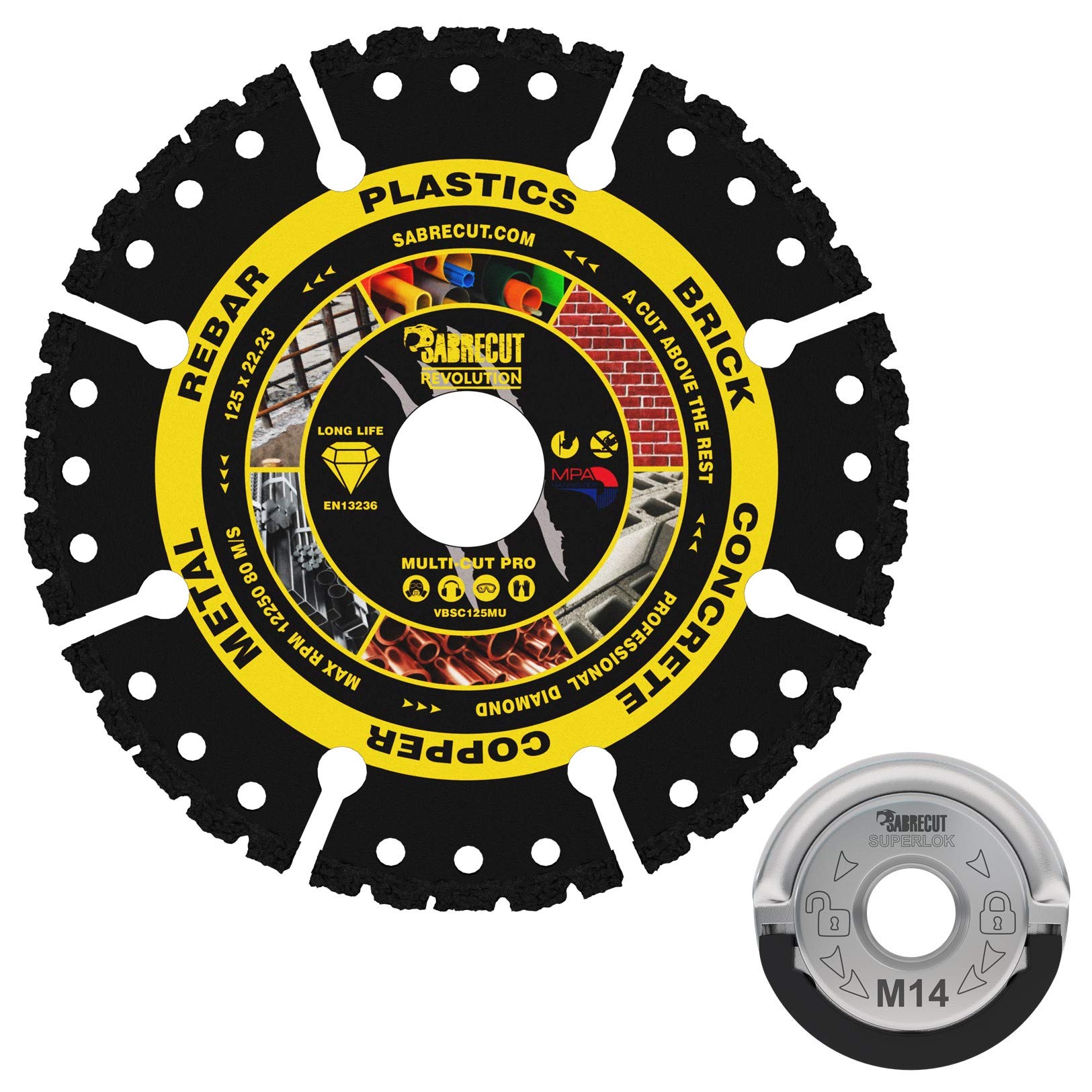 SabreCut VB125MUGRB 125mm (5 inch) x 22.23mm Bore Vacuum Brazed Multi Material Cutting Angle Grinder Diamond Disc Blade and 45mm M14 Quick Change Heavy Duty Grinder Locking Retaining Flange Nut Kit