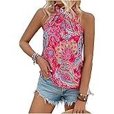 SHENHE Women's Summer Floral Print Pleated Halter Neck Sleeveless Chiffon Blouse Tops