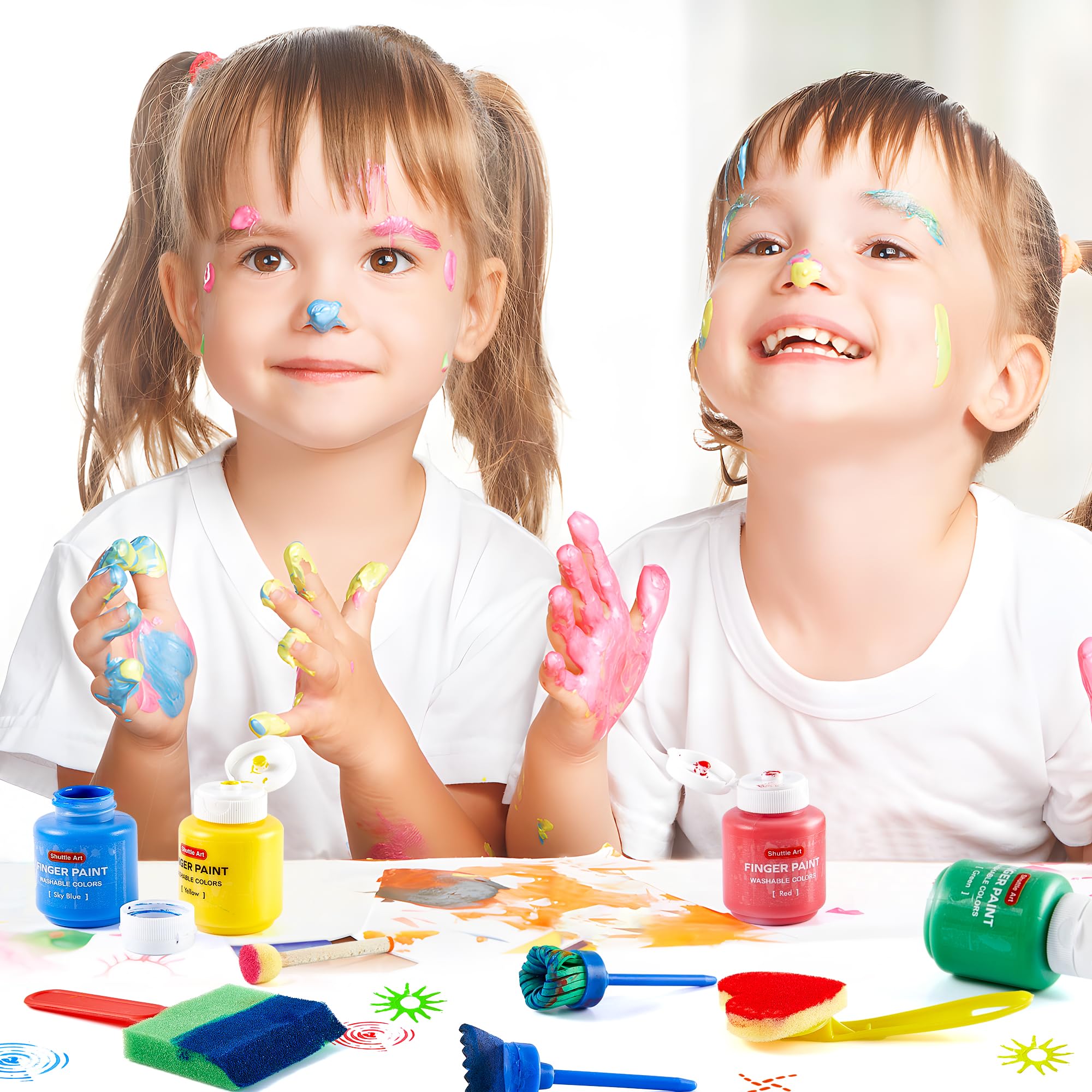 Kids Washable Finger Paints Set, Shuttle Art 33 Pack Non Toxic Kids Painting Set with 10 Colours (60ml) Finger Paints, Paint Pad, Sponge Paint Brushes, Eco Natural for Children and Toddler
