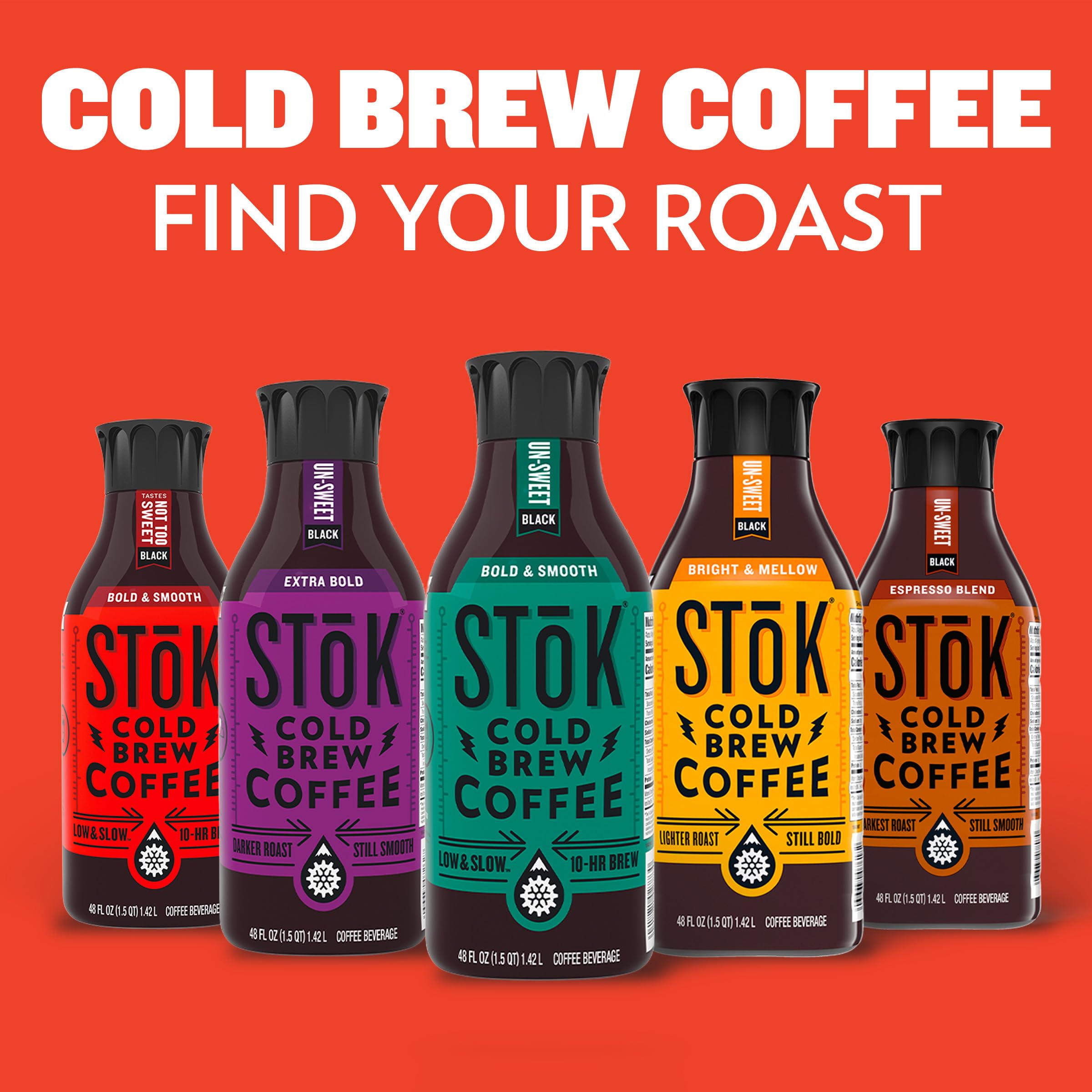 STOK Cold Brew Coffee, Arabica-Based Blend, Medium Roast Brewed Low and Slow, Unsweetened, Black Coffee, 48 FL OZ Bottle