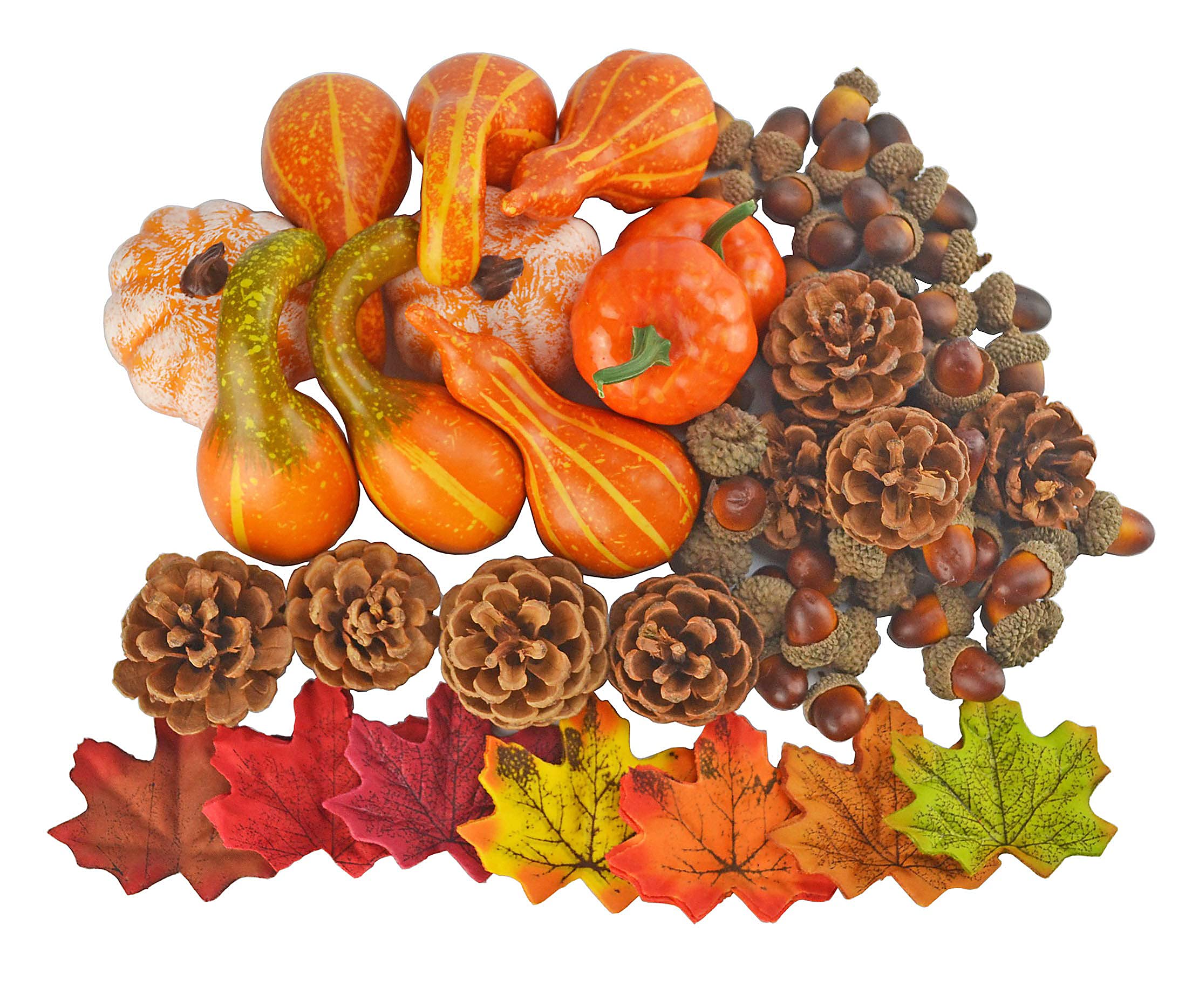 JEDFORE Mixture of Artificial Pumpkins, Lifelike Maple Leaves, Realistic Acorn with Natural Cap, Pine Cones for Festival Halloween Thanksgiving Fall Harvest Home Decoration(166pcs)