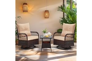 MELLCOM 3 Piece Patio Set, Outdoor Swivel Rocker Patio Chairs with Thick Cushions and Glass Table for Balcony Front Porch Poolside Garden Deck, Beige