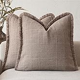 Foindtower Set of 2 Decorative Linen Check Fringe Throw Pillow Covers Farmhouse Vintage Cushion Covers Modern Boho Home Decor for Sofa Chair Couch Bedroom Living Room,20×20 Inch,Tan Taupe