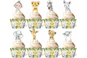 BUERHANERRY 96PCS Jungle Safari Baby Shower Cupcake Toppers and Wrappers Set (48 of each), Safari Animals Cupcake Decorations for Boys Kids, Wild One Themed Birthday Party Supplies for Table Decorations