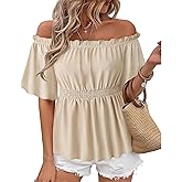 Bebonnie Women's Summer Sexy Off The Shoulder Peplum Tops Ruffle Sleeve Dressy Blouses