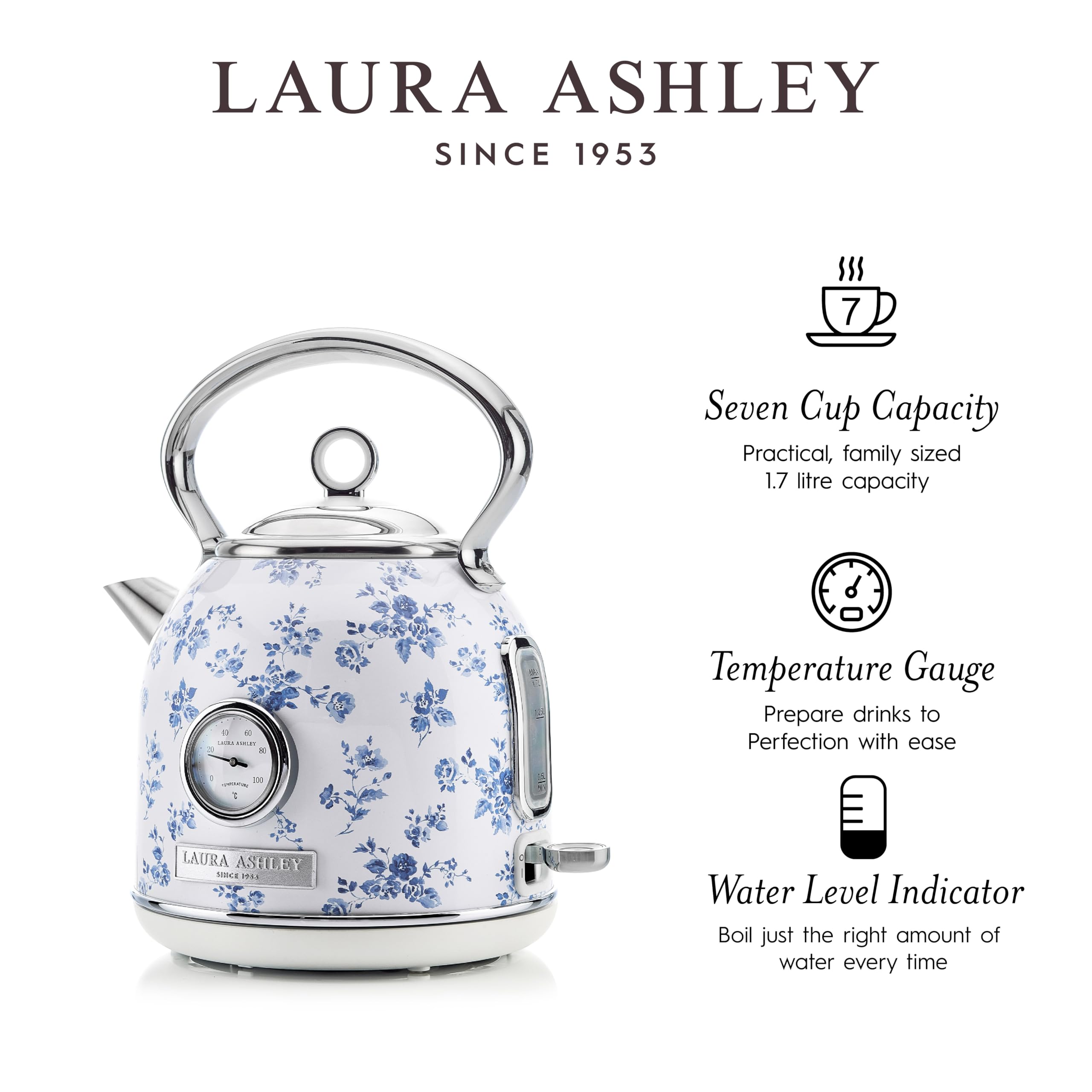 Laura Ashley Hervidor eléctrico de acero inoxidable de 1,7 litros - Hervidores eléctricos de ebullición rápida de 1500 W para hervir agua - Hervidores de té eléctricos con apagado automático - Protección contra sobrecalentamiento y ebullición en seco Hervidor inalámbrico