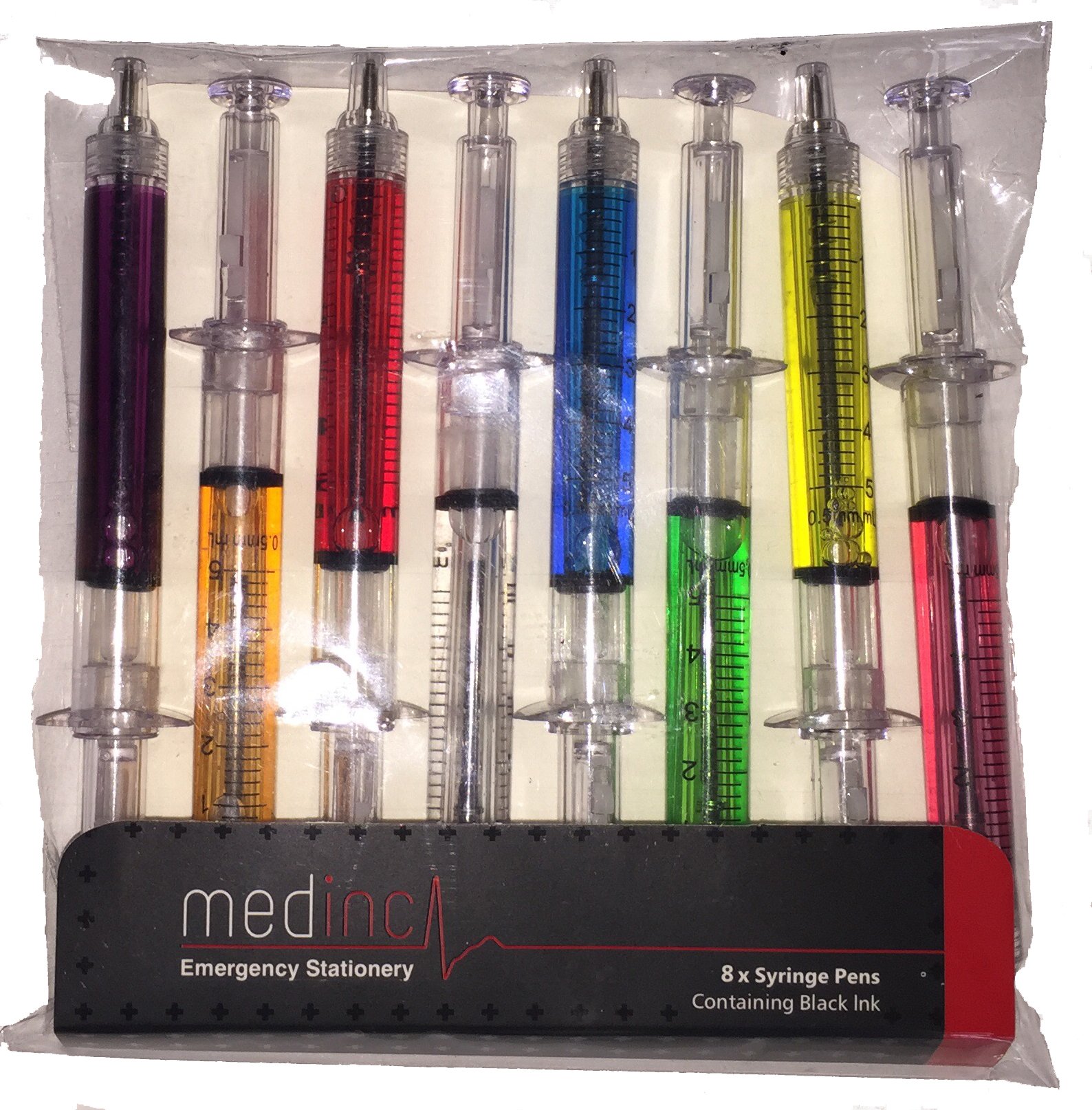 Medinc Pack of 8 Mixed Colour Syringe Pens with Black Ink Great Nurse Novelty Pen Stationary Set or Doctor Medical Student Stationery Pen Set NHS