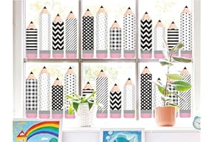 Whaline 9 Sheet Back to School Window Clings Black White Plaid Stripe Wave Point Pencil Window Decals Double-Sided Cartoon Window Decor for Classroom Wall Glass Blackboard Decor