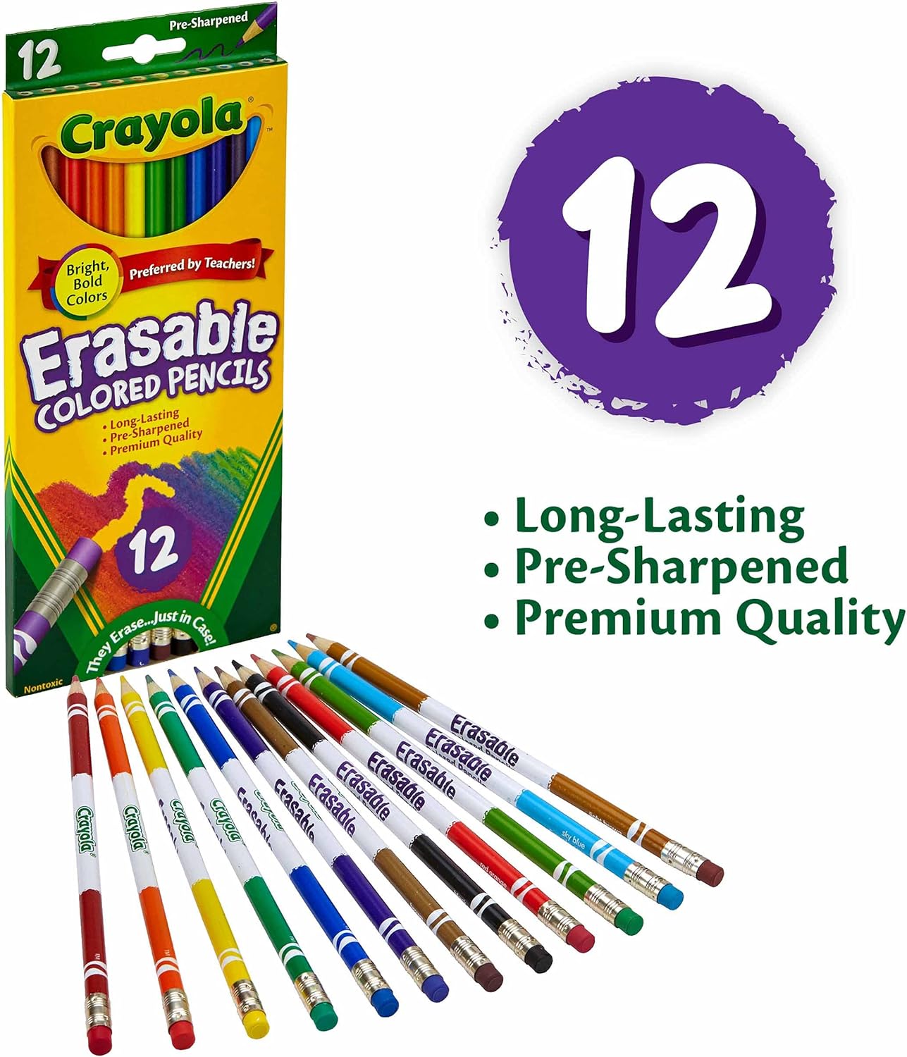 Crayola Erasable Colored Pencils, 12 Non-Toxic, Pre-Sharpened, Kids 4 & Up, Assorted Colors: Toys & Games