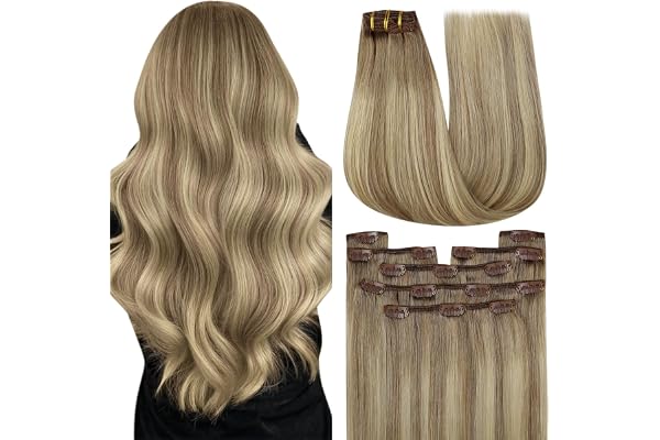 YoungSee Clip in Hair Extensions Balayage Light Brown Mix Platinum Blonde Clip in Extensions Real Human Hair Light Brown Ombr