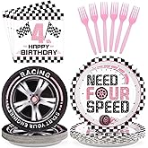 96 Pcs Need Four Speed Birthday Decorations Pink Race Car Themed 4th Party Plates and Napkins Checkered Flag Tableware Set for Kids Girls Racing Car 4 Year Old Birthday Party Supplies Serves 24