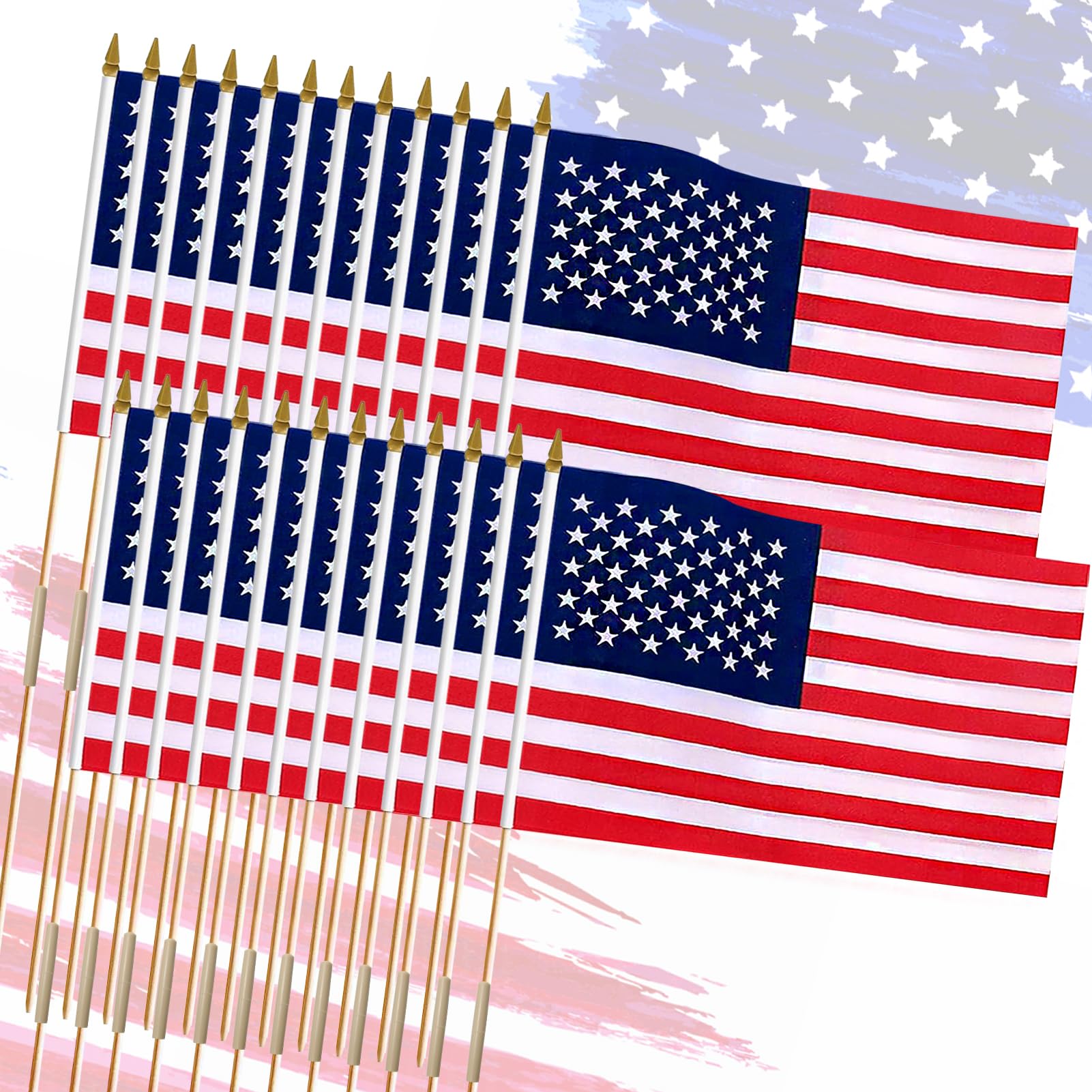 Photo 1 of 24 Pack 12x18 Inch Handheld American Flags on Stick - Patriotic American Flags for Outside, USA Stick Flag Perfect for Independence Day, Memorial Day, 4th of July Decorations (24)