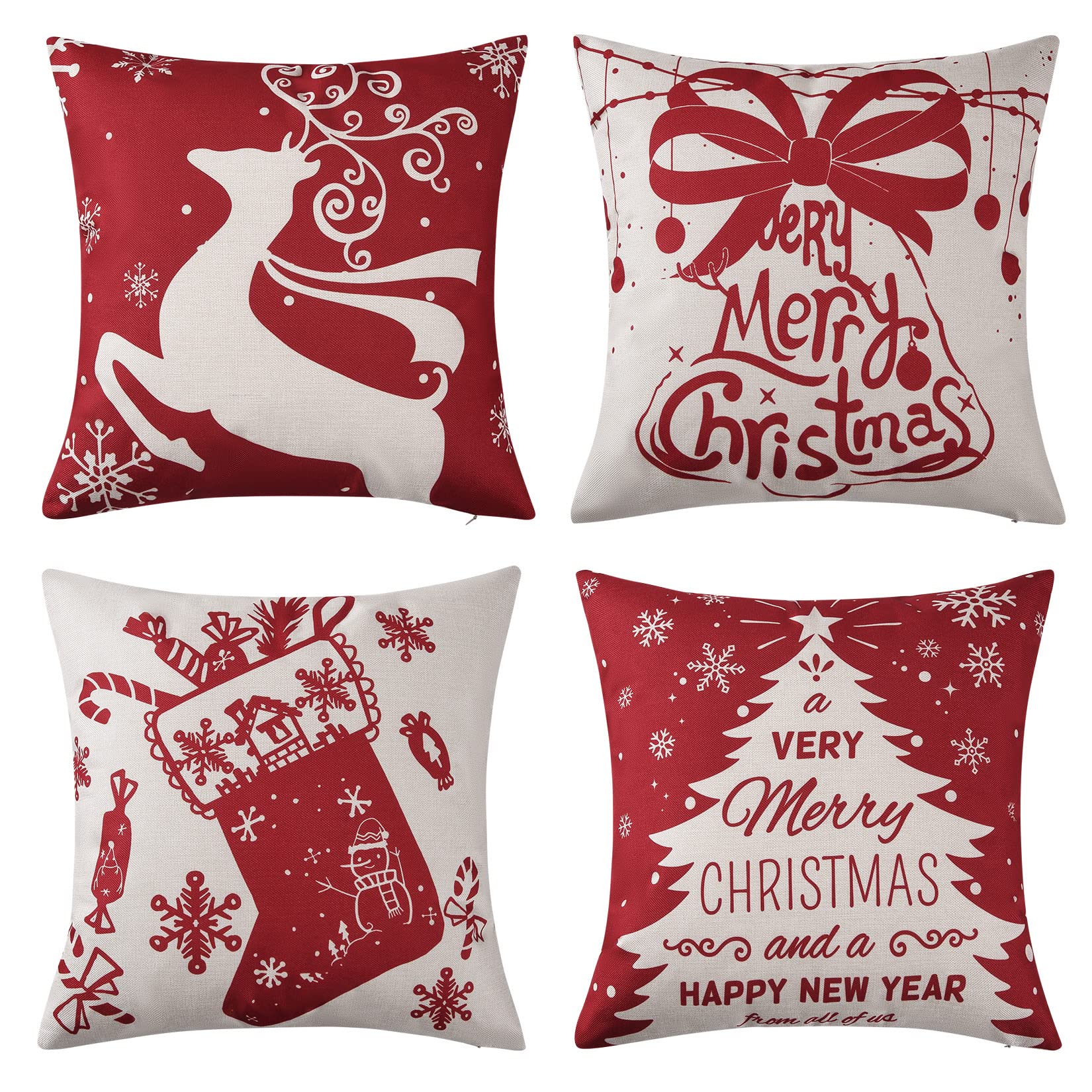 LuxFocus Christmas Pillow Covers, 4 Pack Red Throw Pillow Covers 18x18 Inch Christmas Winter Cushion Decorative Pillow Case for Living Room Sofa Chair Home Office Shop Decor Gift for Family