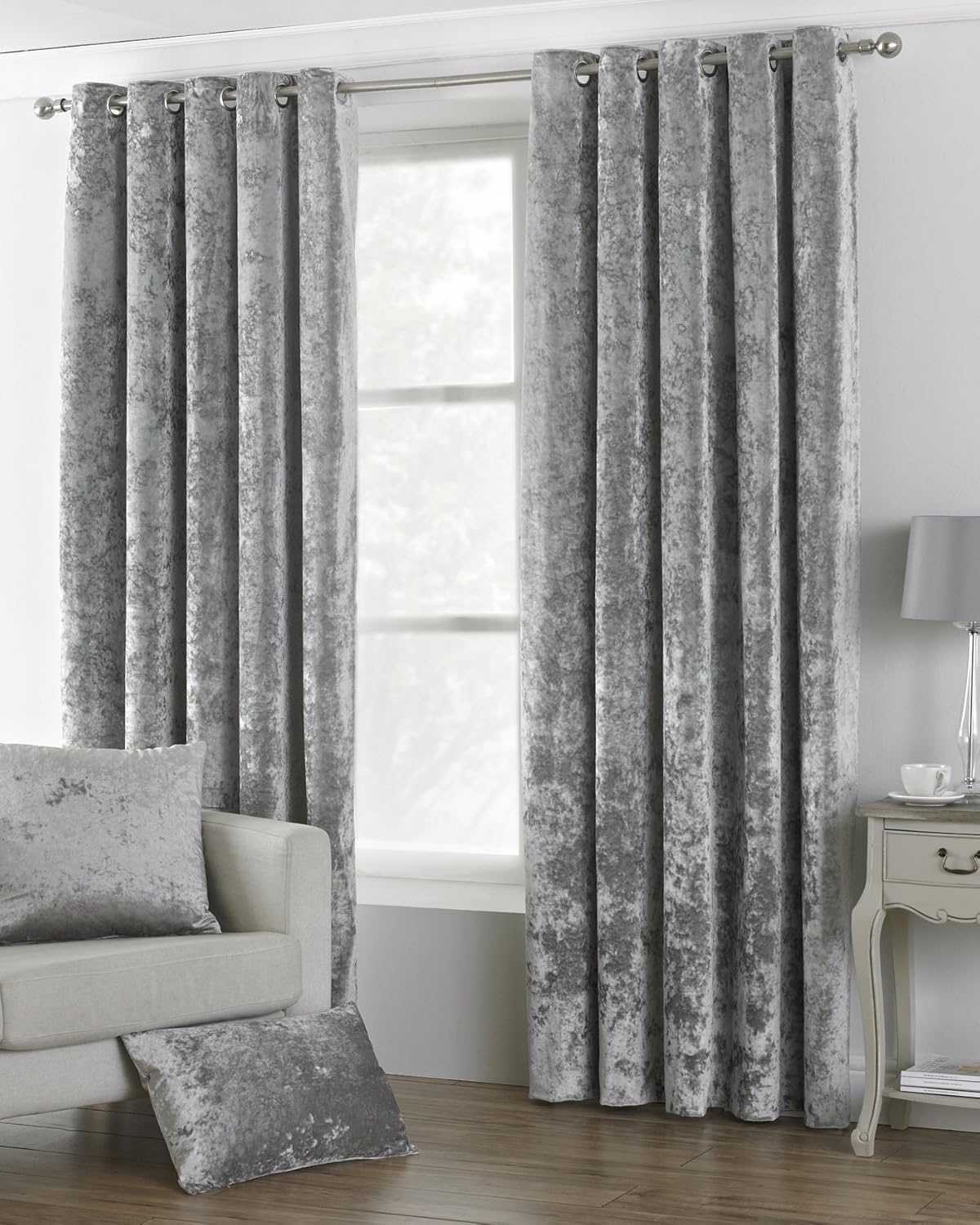Shimmering Crushed Velvet Eyelet Curtains, 66" x 72" 168 183cm, Silver