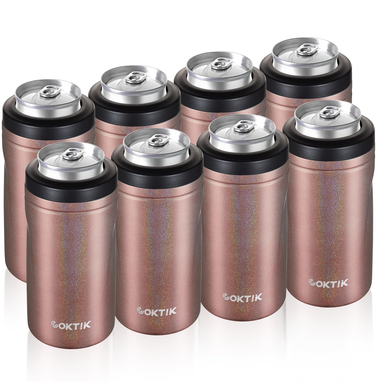 COKTIK 4 in 1 Insulated Can Cooler, 8 Pack Double Wall Slim Can Cooler Set for 12 oz Regular or Slim Cans & Beer Bottle (Rose Gold Shimmer) Image